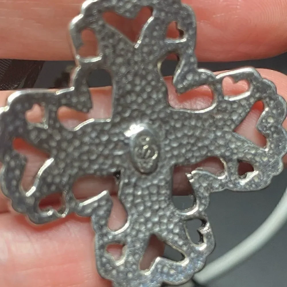 Vintage Premiere designs Filigree Silver Cross heart Necklace black fabric 18”